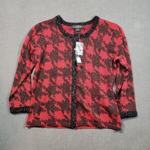 August Silk Cardigan Women S Red Black Metallic Eyelash Trim Knit Sweater